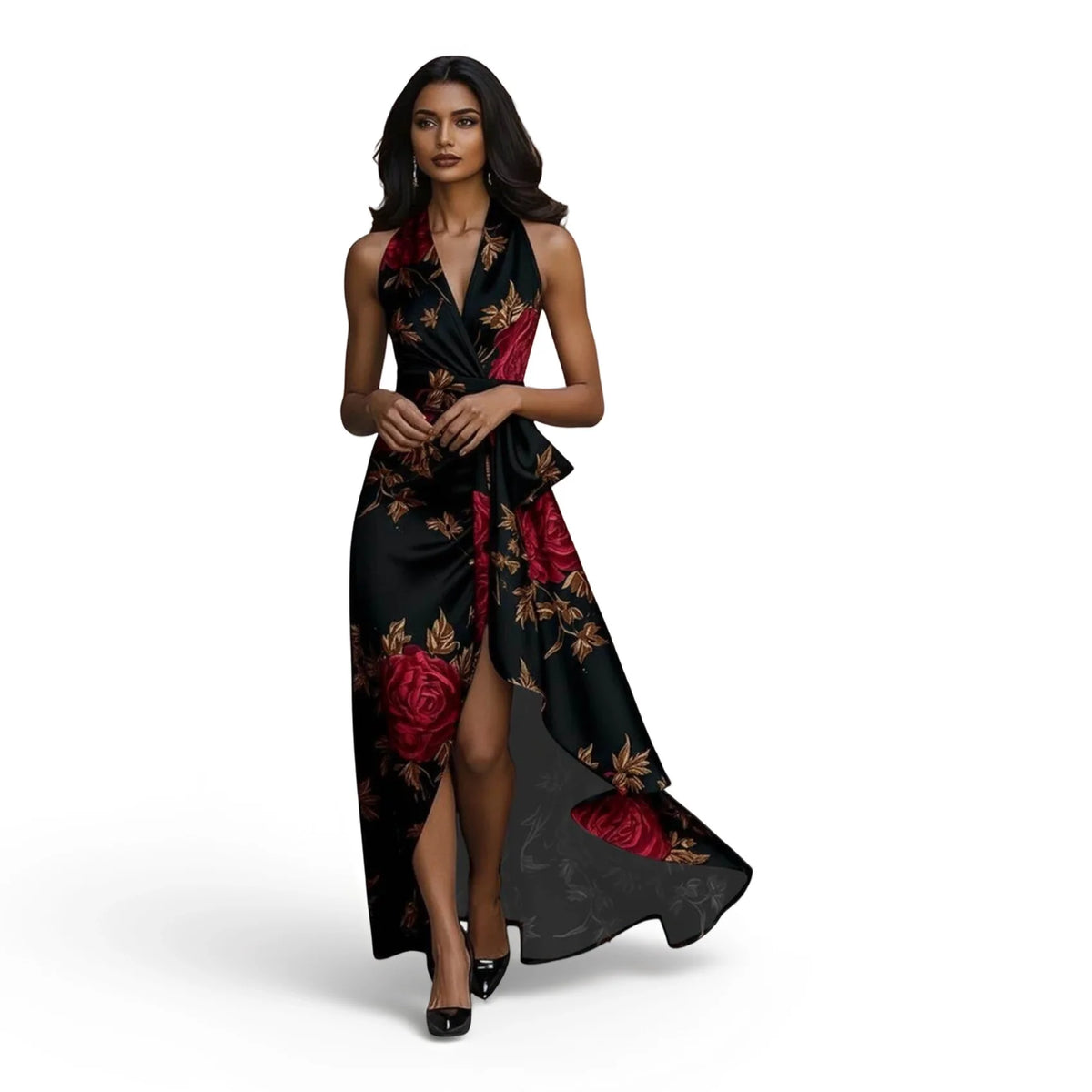 Women's Halter V Neck Sleeveless Maxi Dress Floral Print Wrap Design High Low Split Ruffle Hem Slim Ladies Dress