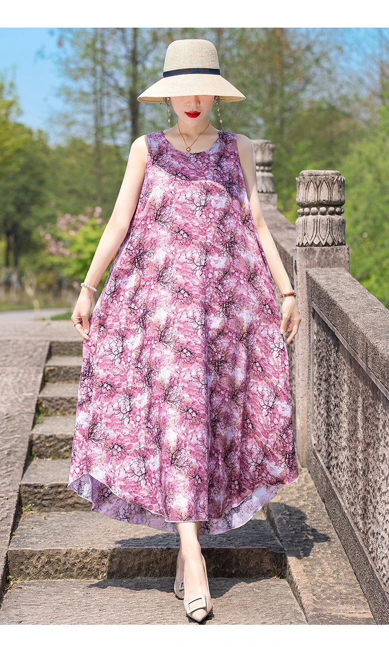 New Women Summer Dresses Vintage Dress FashionRobe Plus Size Sleeveless Femme Casual Print Dresses