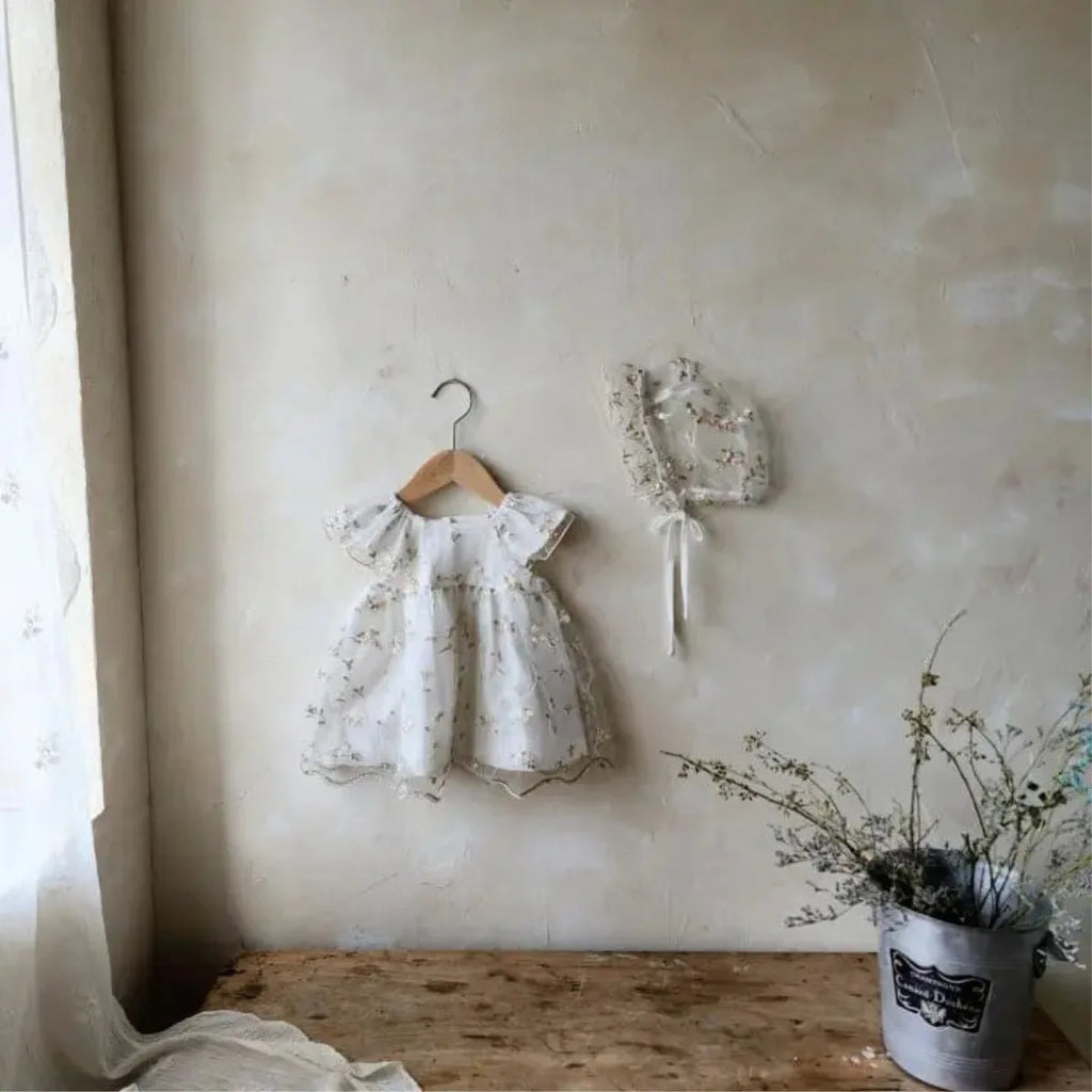 2026 Summer New Baby Girl Short Sleeve Princess Dress Sweet Girls Flower Embroidery Mesh Dress Fashion Children Clothes