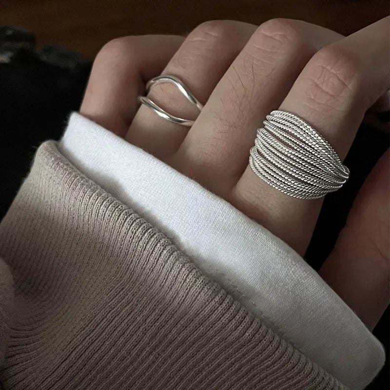 Personality Design Trendy Silver Color Multi-Line Ring For Women'S Girl Charm Opening Irregularity Finger Ring Set Jewelry