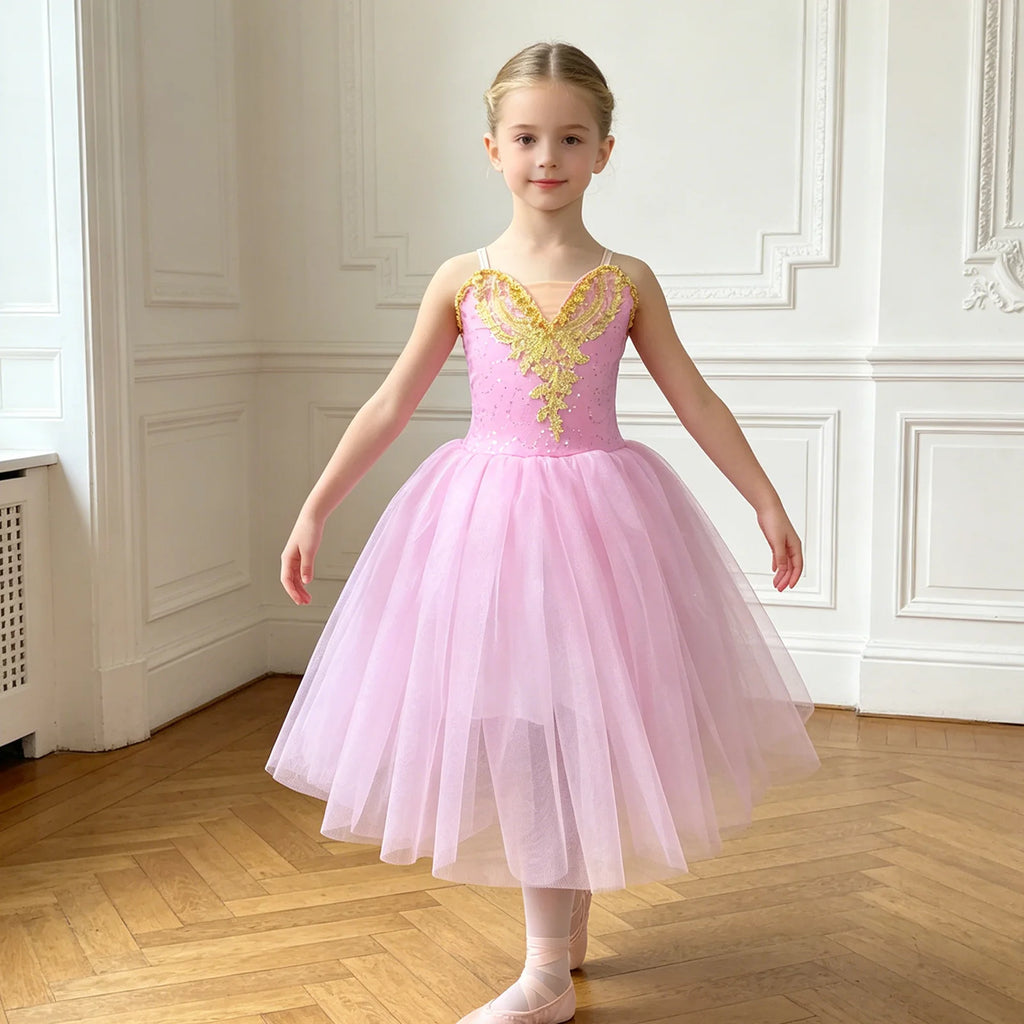 Kids Girls Tutu Ballerina Ballet Dance Performance Dress Adjustable Spaghetti Strap Applique Bodice Tulle Tutu Dress Dancewear