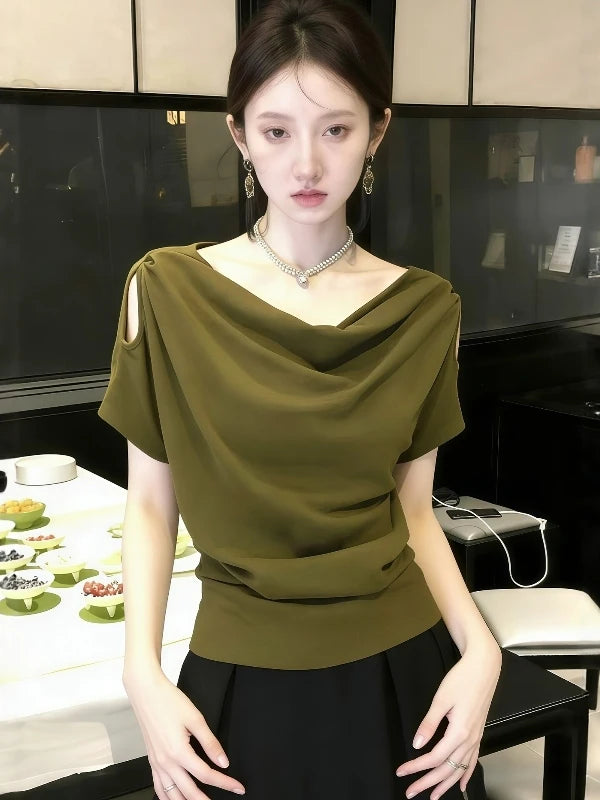 Unique Beautiful Shoulder-baring Short Sleeve T-shirt Women's Summer 2026 New plus Size Loose Fit Korean Style Creative Pattern