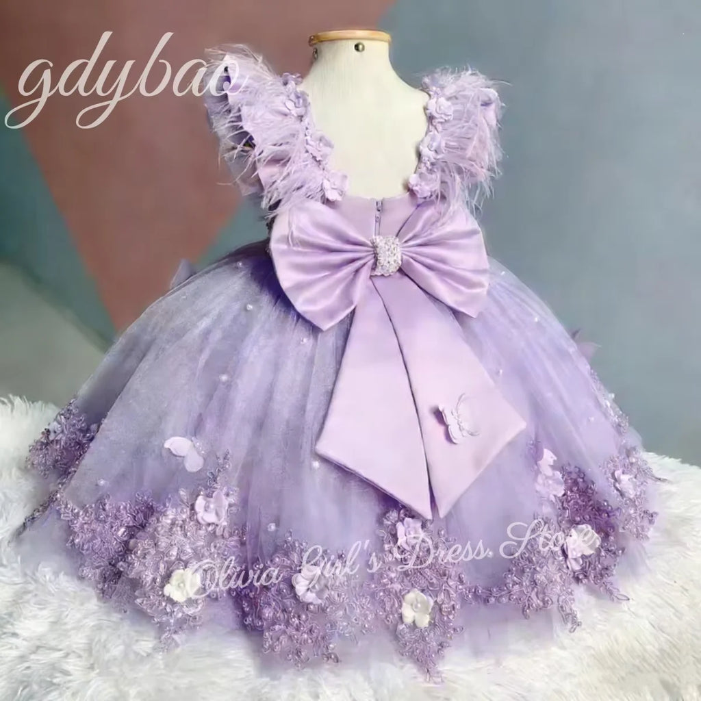 Pink Baby Children's Sheer Birthday Party Flower Girl Feather Dress Long Bow Pearl Pageant Communion Gown