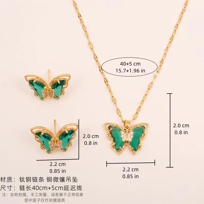 ZAKOL 2PCS/Set Exquisite Green Black Yellow Purple Crystal Butterfly Jewelry Set Fashion Necklace Earrings Party Jewelry Set
