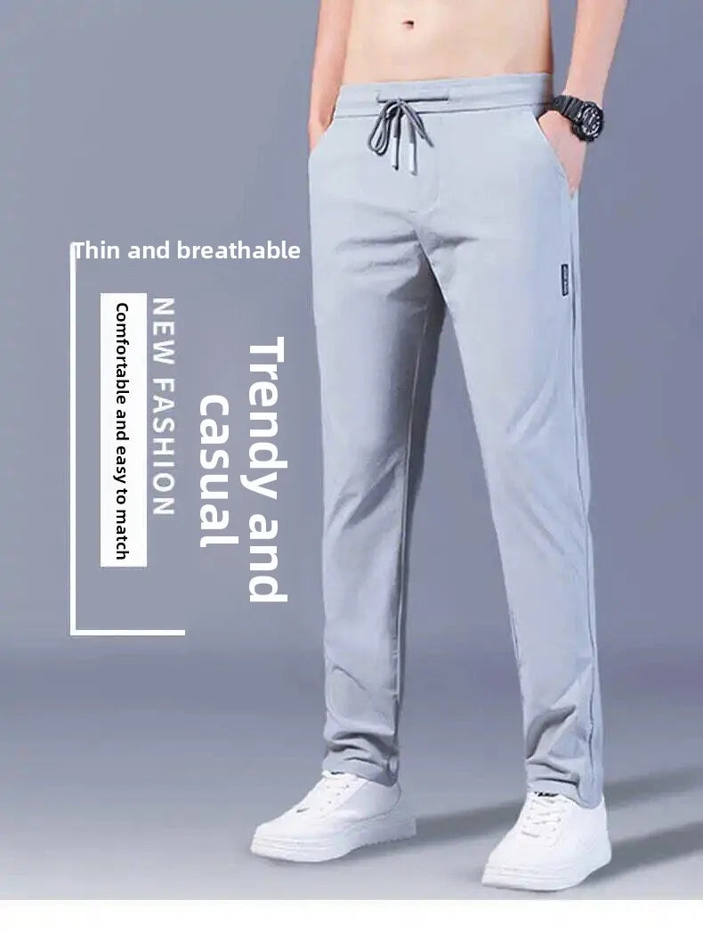 Summer Casual Ice Silk Pants Men's Trendy Large Size Long Trousers Korean Style Thin Straight Loose Sports Pants Quick Dry