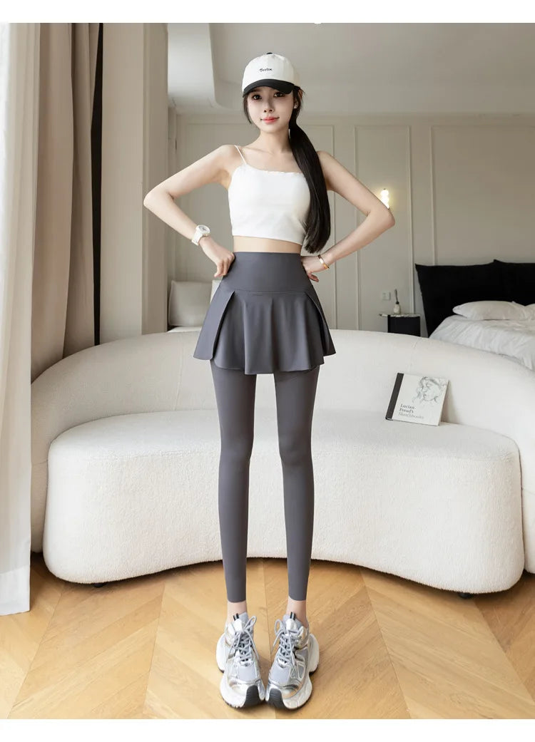 Women Fake Two Pieces Leggings Seamless Fitness Leggings High Waist with Pocket Elastic Slim Fashion Hip Liftting Yoga Pants