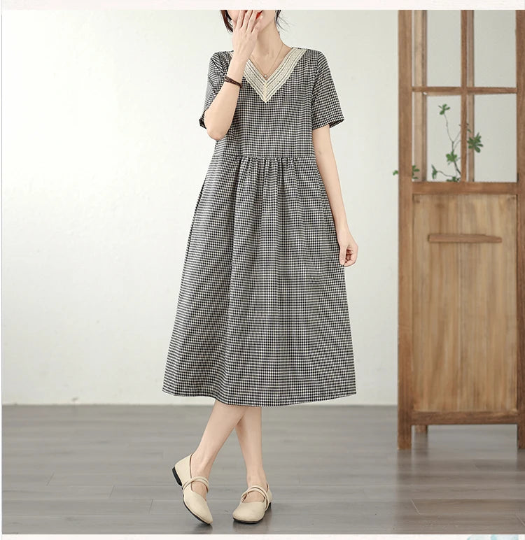 Retro Fashion Casual Plaid Dress Women Summer New V-neck Lace Splicing Loose Slimming Skirt over Knee Cotton Polyester Blend