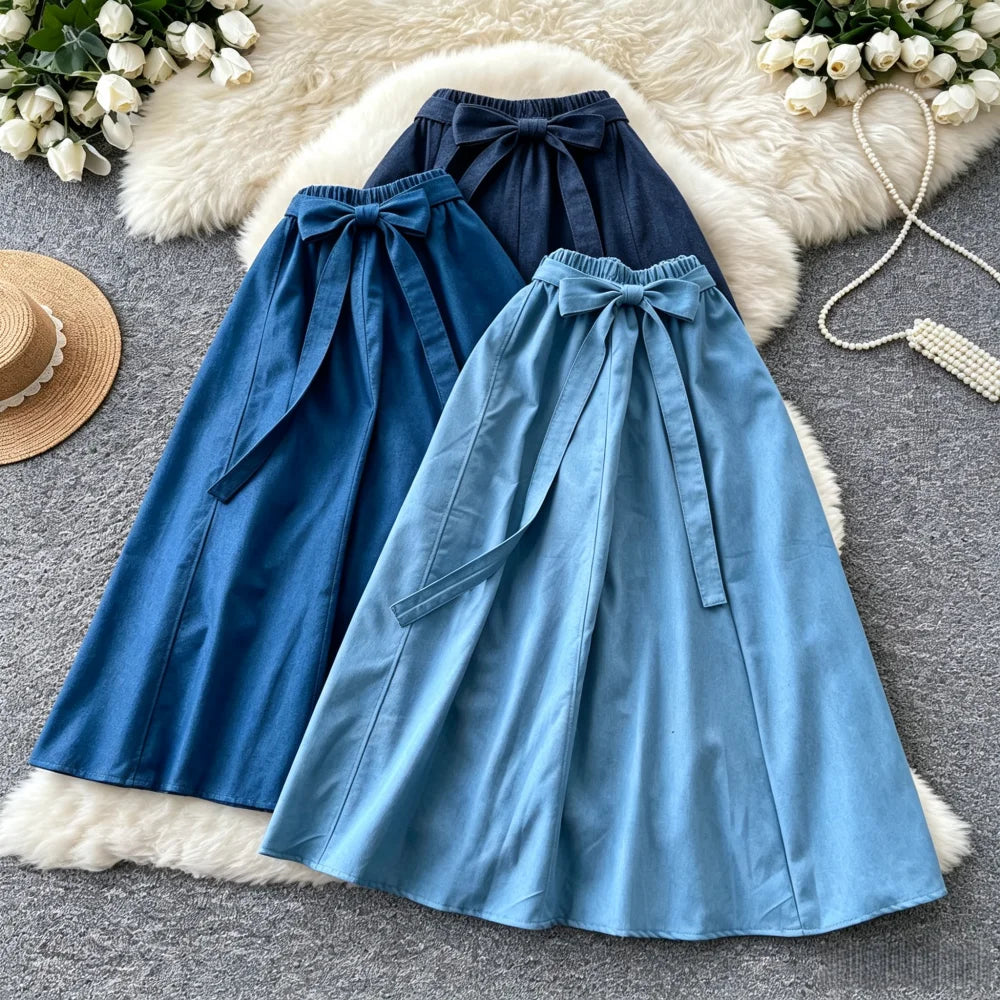 KAROFI Women Bow Tie Elastic Waist Denim Long Skirt Korean A Line Flowy Midi Jeans Skirt Casual Loose Vintage Blue Maxi Skirts