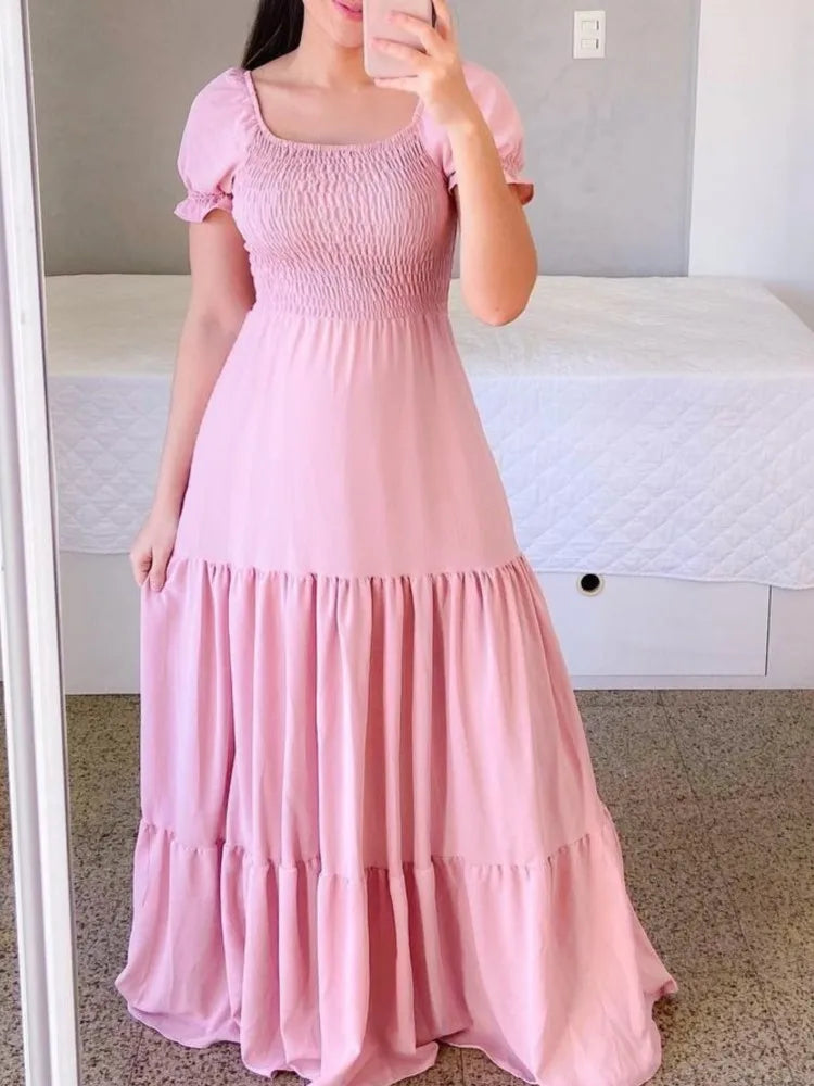 New Women's Boho Floral Dress Spring Summer European American Women's Clothing Off-shoulder Fragrant Long Solid Color Dress