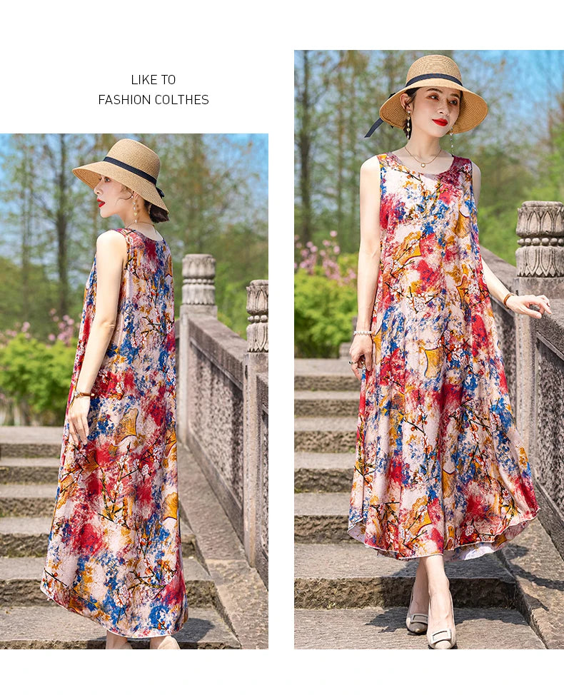 New Women Summer Dresses Vintage Dress FashionRobe Plus Size Sleeveless Femme Casual Print Dresses