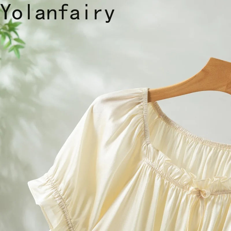 YOLANFAIRY 93% Real Mulberry Silk Pajamas for Woman 2026 Spring Summer High-end Sets Woman 2 Piece Short Sleeve Pijamas De Mujer