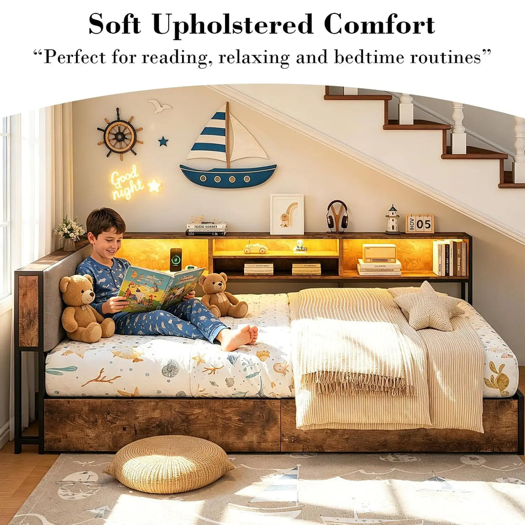 Twin Size Corner Bed Frame with Storage Bookcase and Headboard, Metal Platform Twin Bed with LED Lights and, Customized