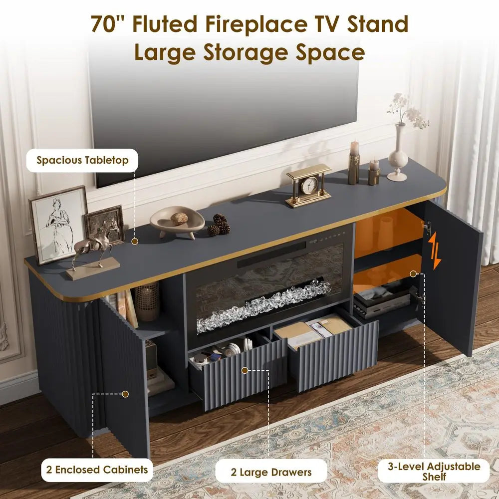 70 Fluted Fireplace TV Stand for TVs Up to 80, Modern Entertainment Center with 30 Crystal Electric Fireplace, Navy Blue