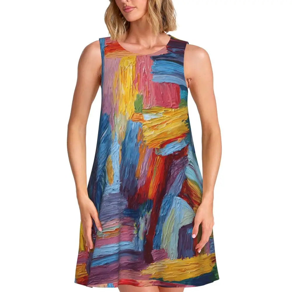 Abstract Brush Print Casual Dress Colorful Print Sleeveless Pretty Dresses Woman Crewneck Aesthetic Dress Spring Print Clothes