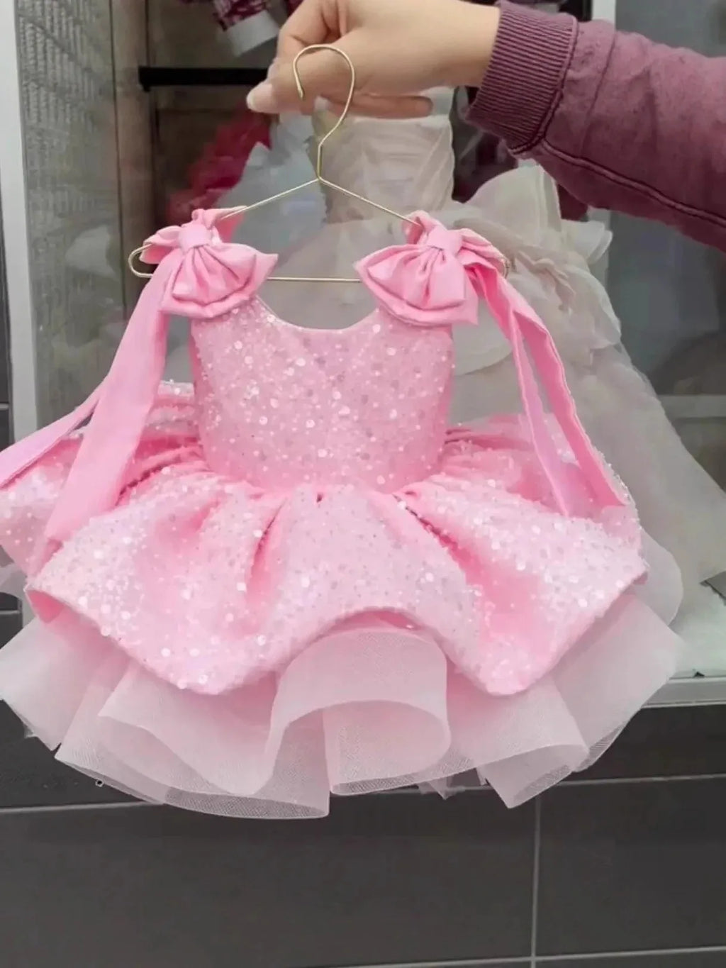 Wedding Gown Sparkly Flower Girl Dress, Big Bow & Heart Tulle Ballet Skirt, Princess Gown for Wedding, Birthday Party,