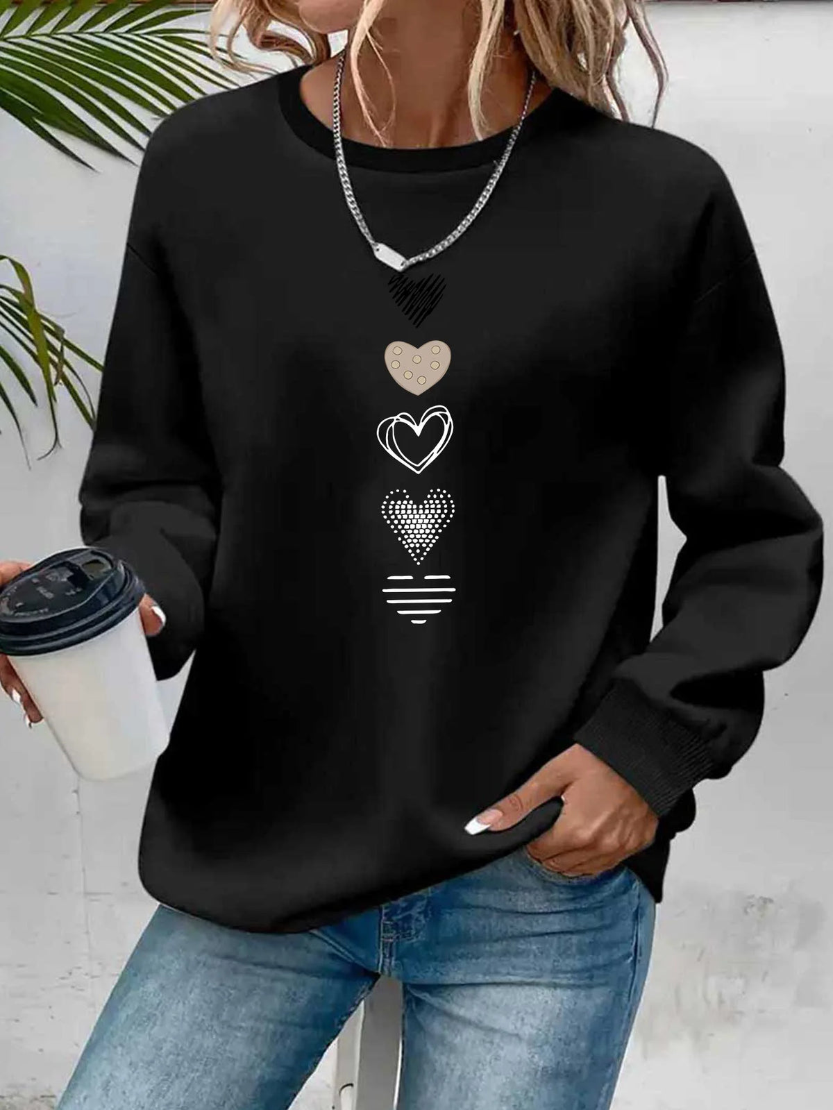 Women's Casual Heart Print Pullover Sweatshirt - Long Sleeve Knit