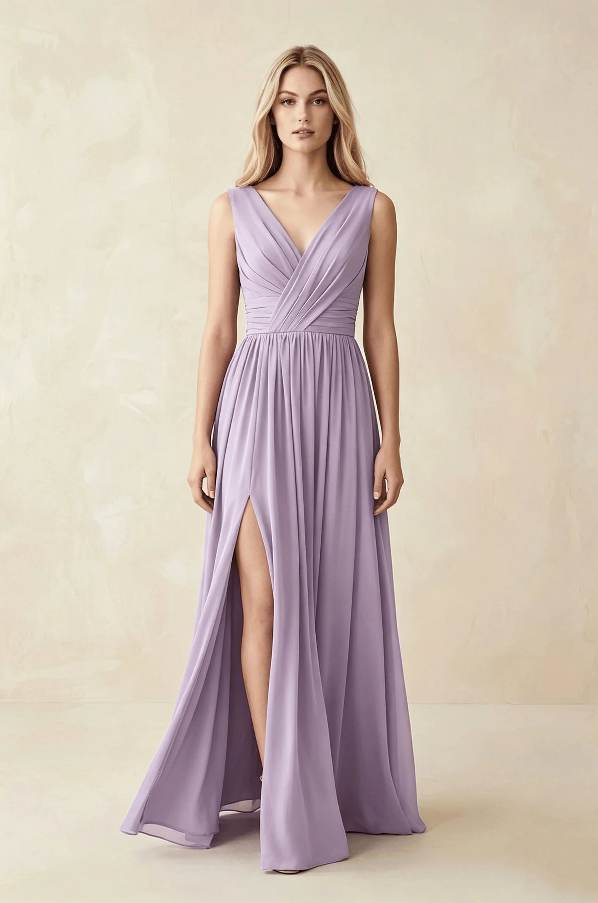 Sleeveless Deep V Neck Chiffon Formal Dress Ruched Empire Waist Front Split A‑Line Floor‑Length Bridesmaid Party Prom Dresses