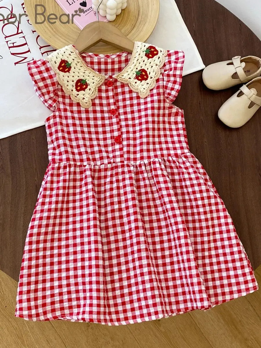 Humor Bear Girl Casual Dress 2026 New Fashion Strawberry Crochet Collar Plaid Flying Sleeve Dress Cute Outfits Girls Vestidos