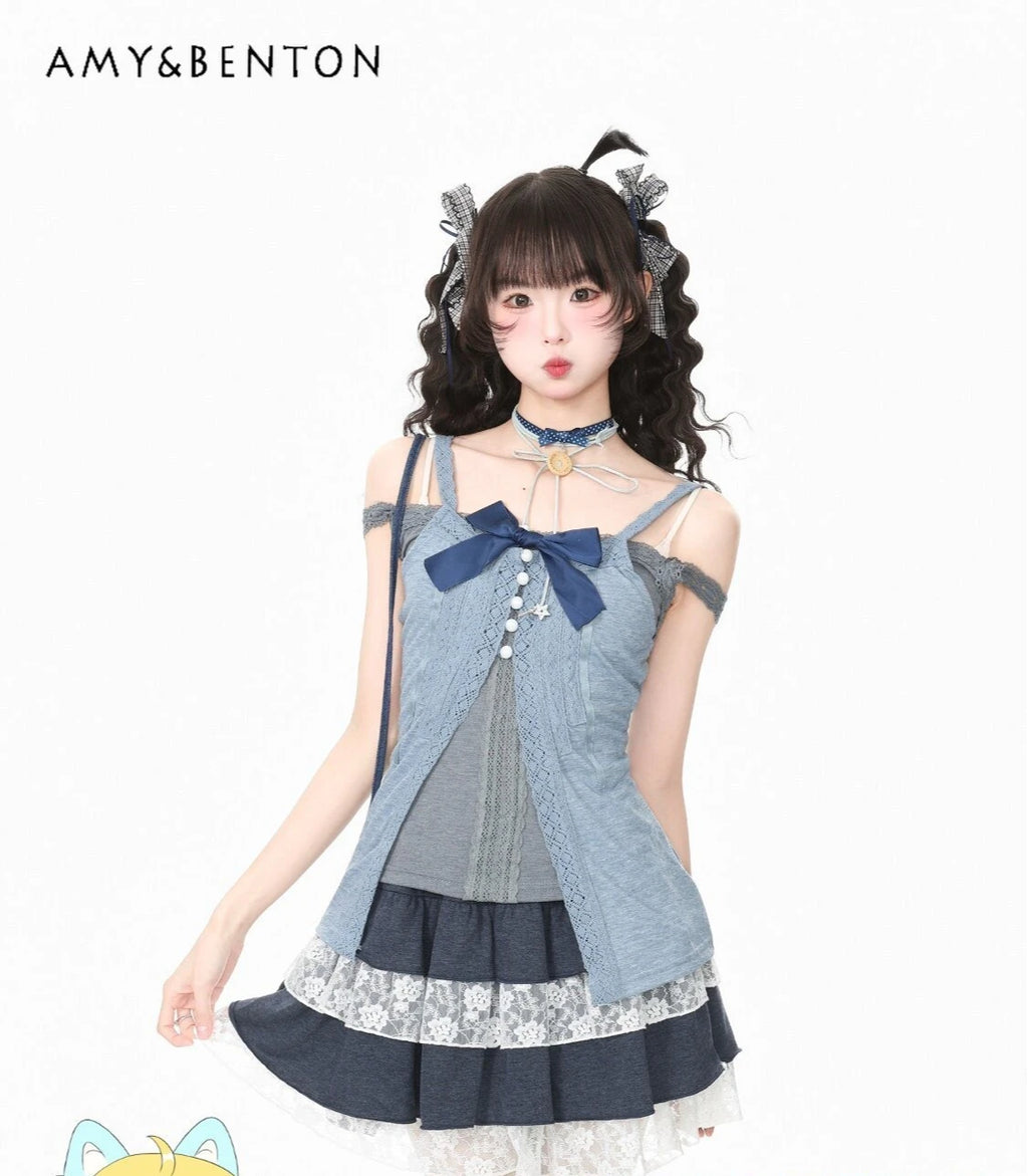 Sweet Bow Suspender Cardigan with Gray Off Shoulder Camisole Vest and Lace Layered Ruffle Mini Skirt Womens 3pcs Summer Suit