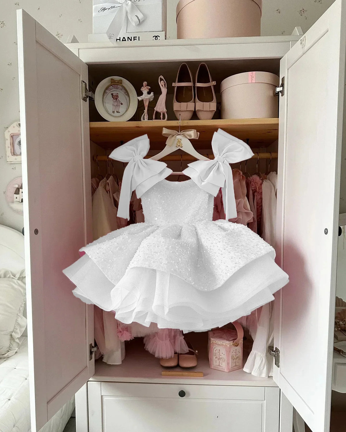 Party Dress Clothes Children Lovely Pink Flower Girl Wedding Sequins Beading with Bow Kids Birthday First Communion Ball Gowns