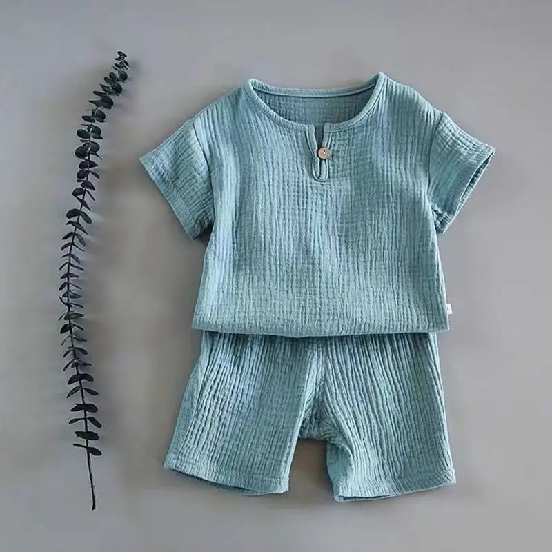 Summer Kids' Sets and Outfits Boys Girls Cotton Linen Muslin Suit for Children T-shirt Tops + Shorts Baby Loungewear Clothing