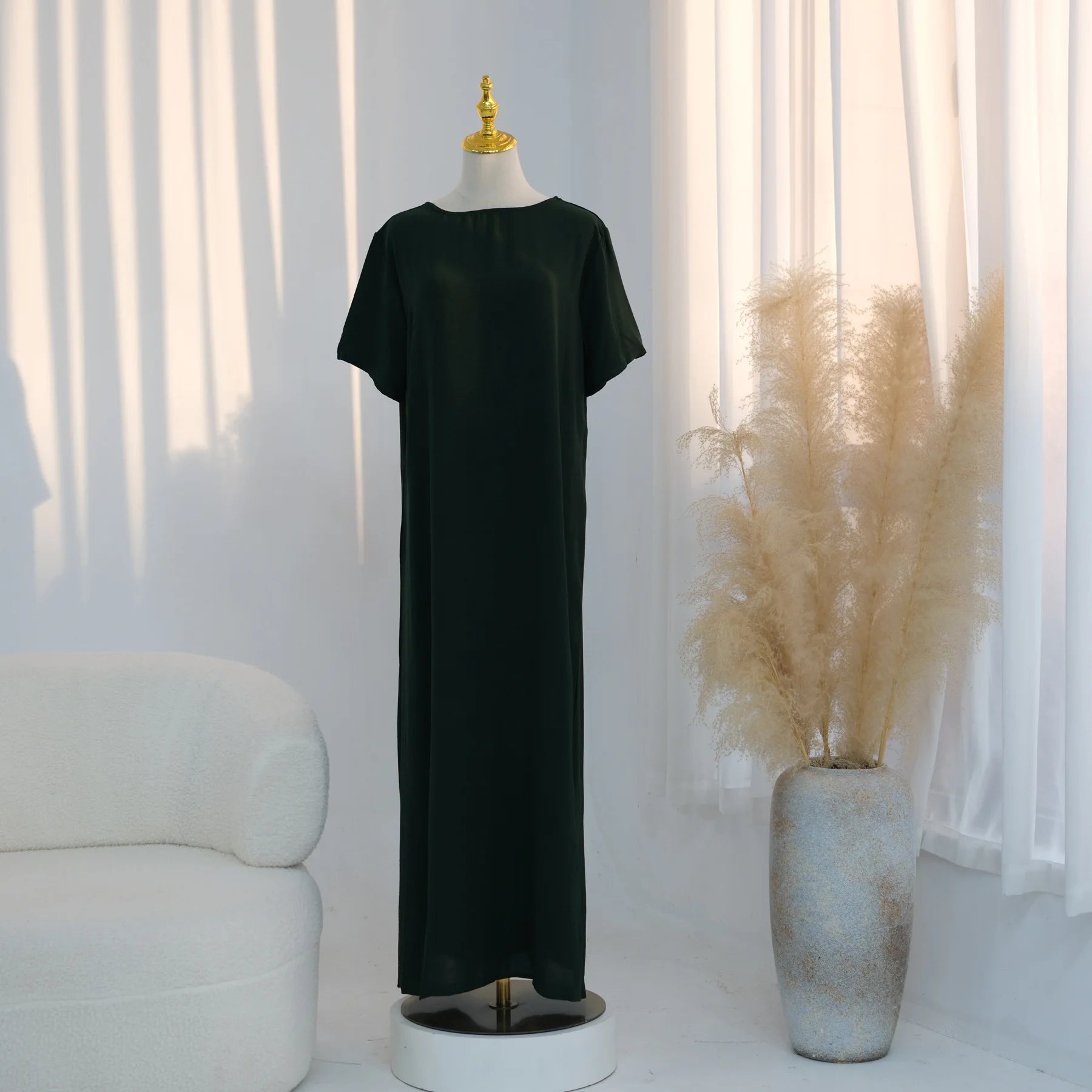 Modest Short Sleeve Women Inner Dress Basic Abaya Muslim Eid Ramadan Round Neck Maxi Loose Casual Long Versatile Fashion Kimono