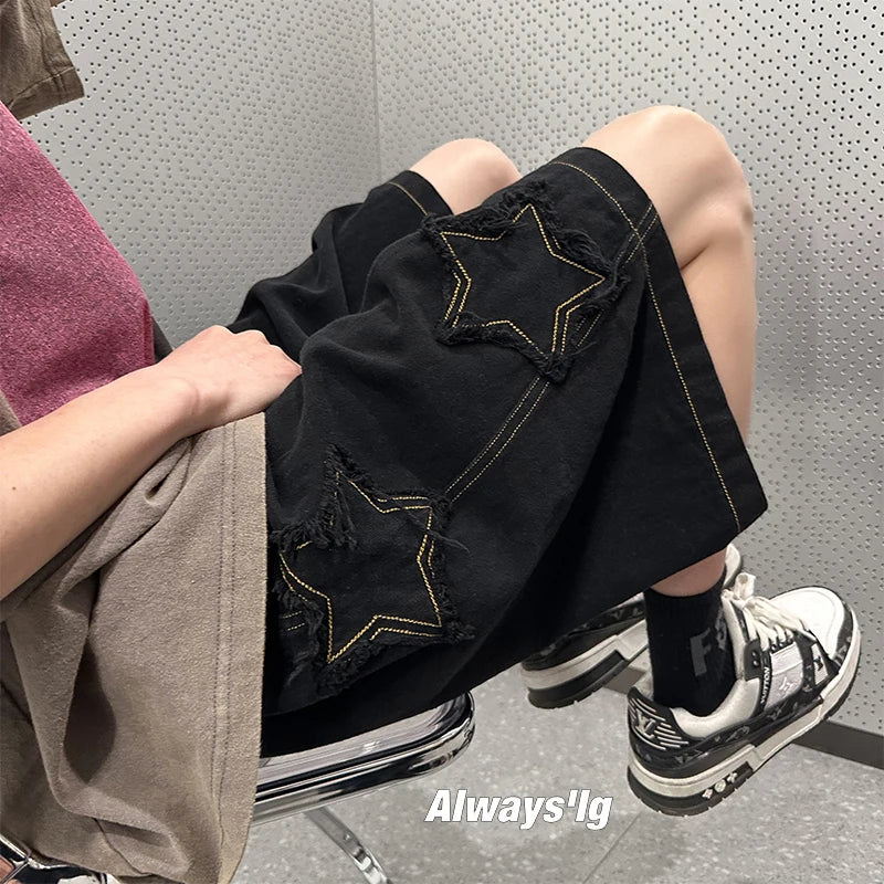 Star Patchwork Shorts Men Vintage Denim Summer Basic All-Match  High Waist Leisure Ulzzang Streetwear Chic Shorts