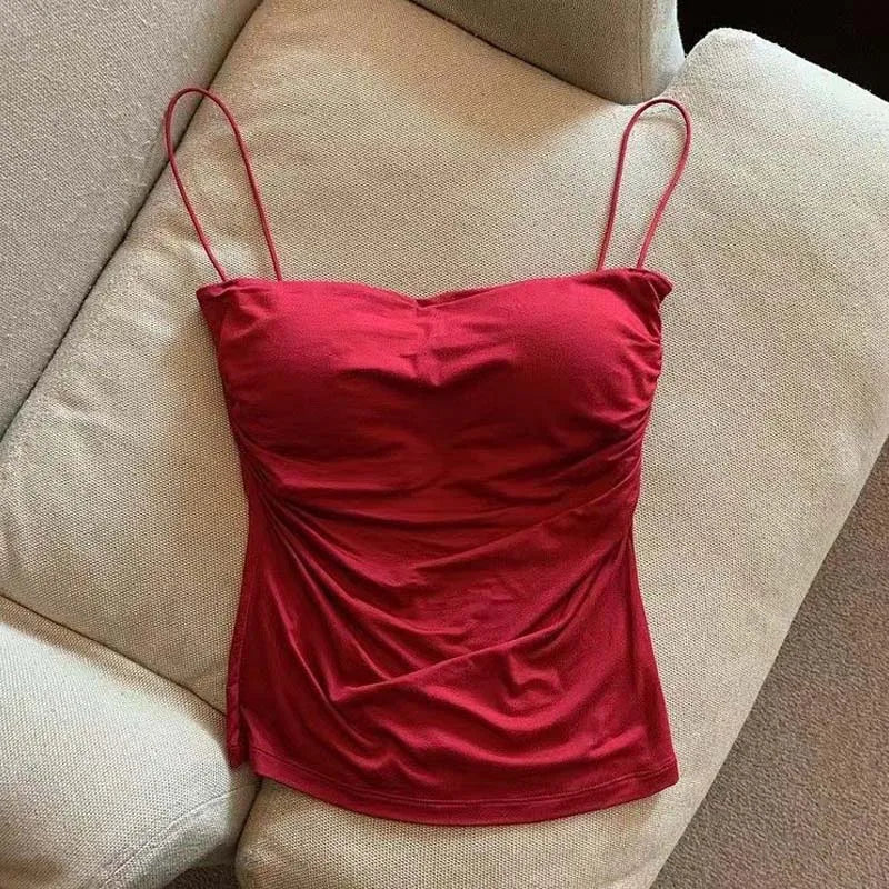 Built In Bra Camisole Tank Top For Women With Medium Stretch Cropped Sleeveless Vest