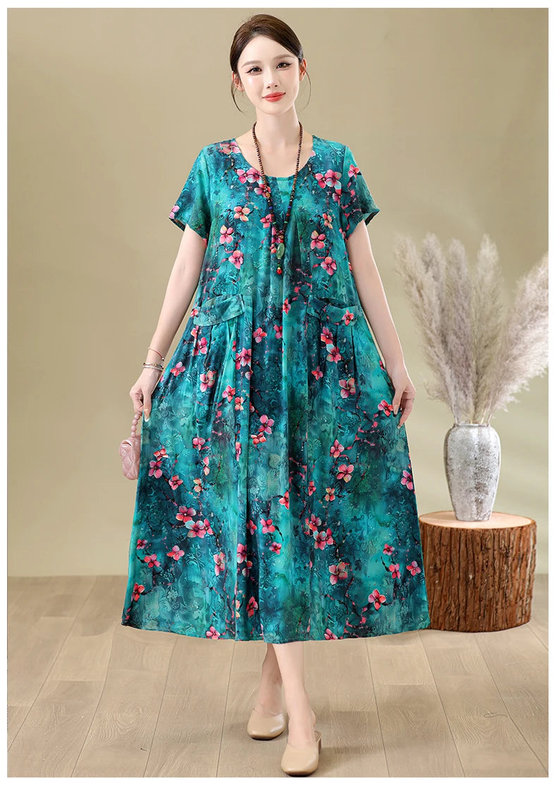 New Fashion Casual Summer Dresses For Women 2026 Loose Plus Size Clothes Elegant printting O-neck Short Sleeve Woman Clothing
