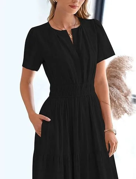 Summer Solid Color V-neck Tight Waist Dress French Style Elegant Pleated Large Swing Long Dress Casual Vacation Style Slimming M