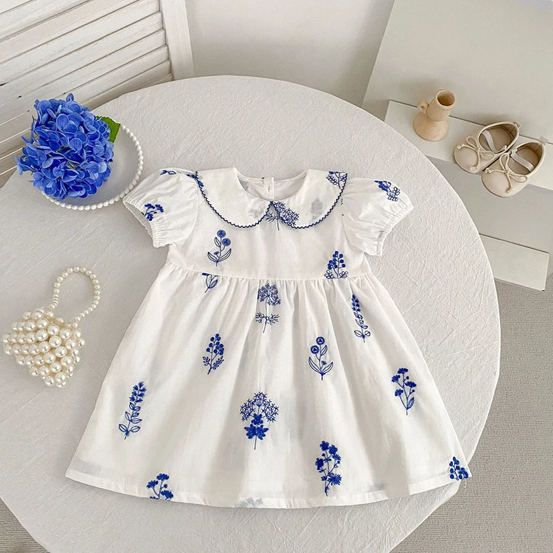 Summer New Style 2-6Y Girl Dress Korean Embroidered Short Sleeve Baby Clothes Children's Dress Girls Retro Sister Dress