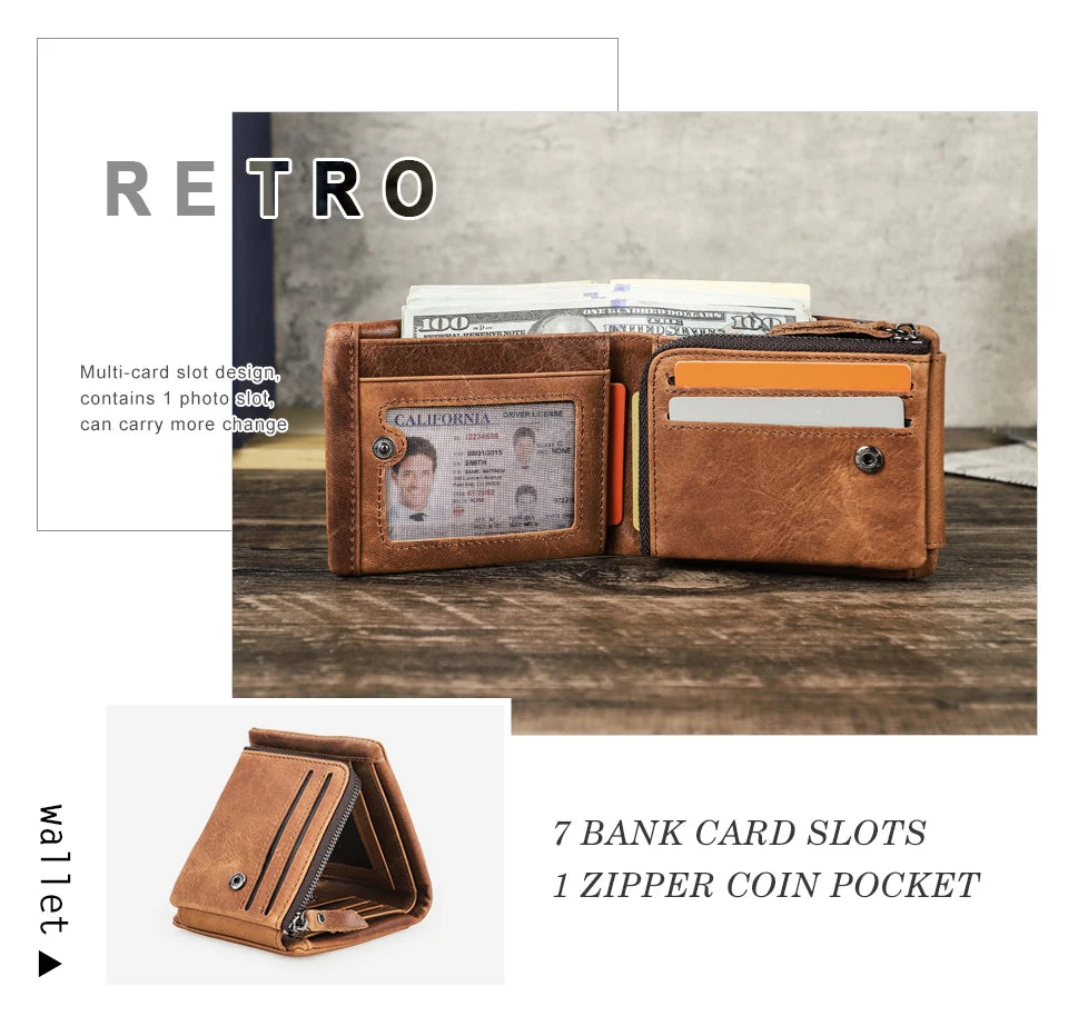 Contact’S Men’s Trifold Wallet - Genuine Crazy Horse Cowhide Leather