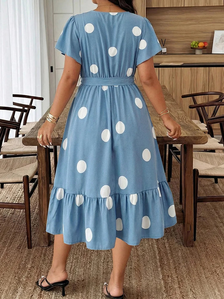 GIBSIE Plus Size Polka Dot V-Neck Belted Ruffle Hem Dress Women Casual Vacation Flounce Sleeve Big Swing Summer Long Dresses