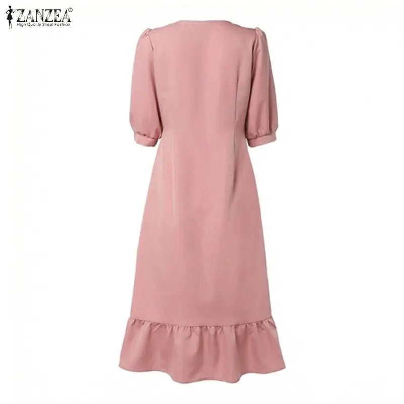 Women A-Line Midi Dress V-Neck 3/4 Puff Sleeve Cinched Waist Ruffled Hem Dresses ZANZEA Summer Elegant Casual Commute Robe Femme