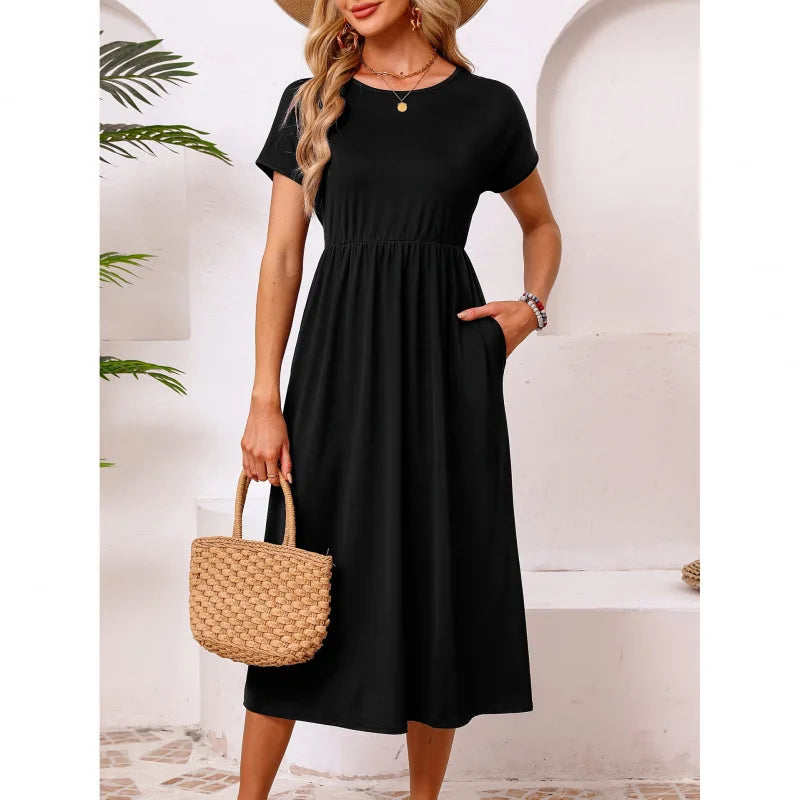 Casual Long Ice Silk round Neck Short Sleeve Dress Pure Color A-Line Skirt Comfortable Elastic Waist Elegant Commute Style