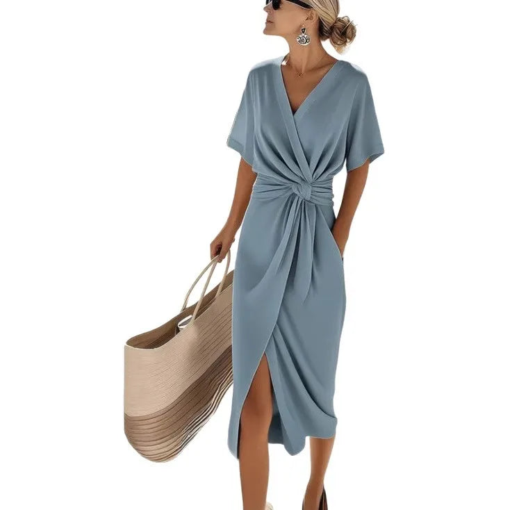 Women Summer Dress Dresses Spring Satin Split Wrap Tie Bodycon Midi Slip Party Evening Matching Set