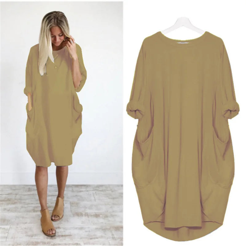 Women's Dress Oversize O-neck Loose Red Version Casual Street Pocket Fashion Black Solid Color Beach Vacation Skirt