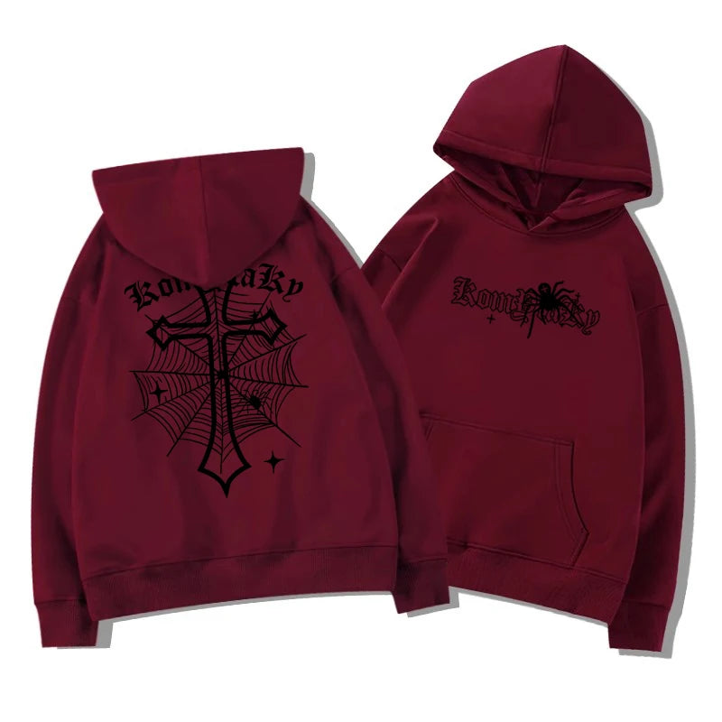 Spider Cross Print Fleece Hooded Sweatshirt - Men's Casual Pullover
