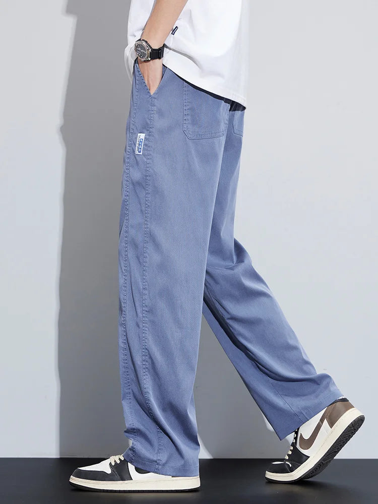 High Quality Summer Ultrathin Soft Lyocell Fabric Men'S Casual Pants Elastic Waist Breathe Loose Straight Trousers Plus Size 5Xl