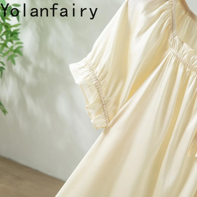 YOLANFAIRY 93% Real Mulberry Silk Pajamas for Woman 2026 Spring Summer High-end Sets Woman 2 Piece Short Sleeve Pijamas De Mujer