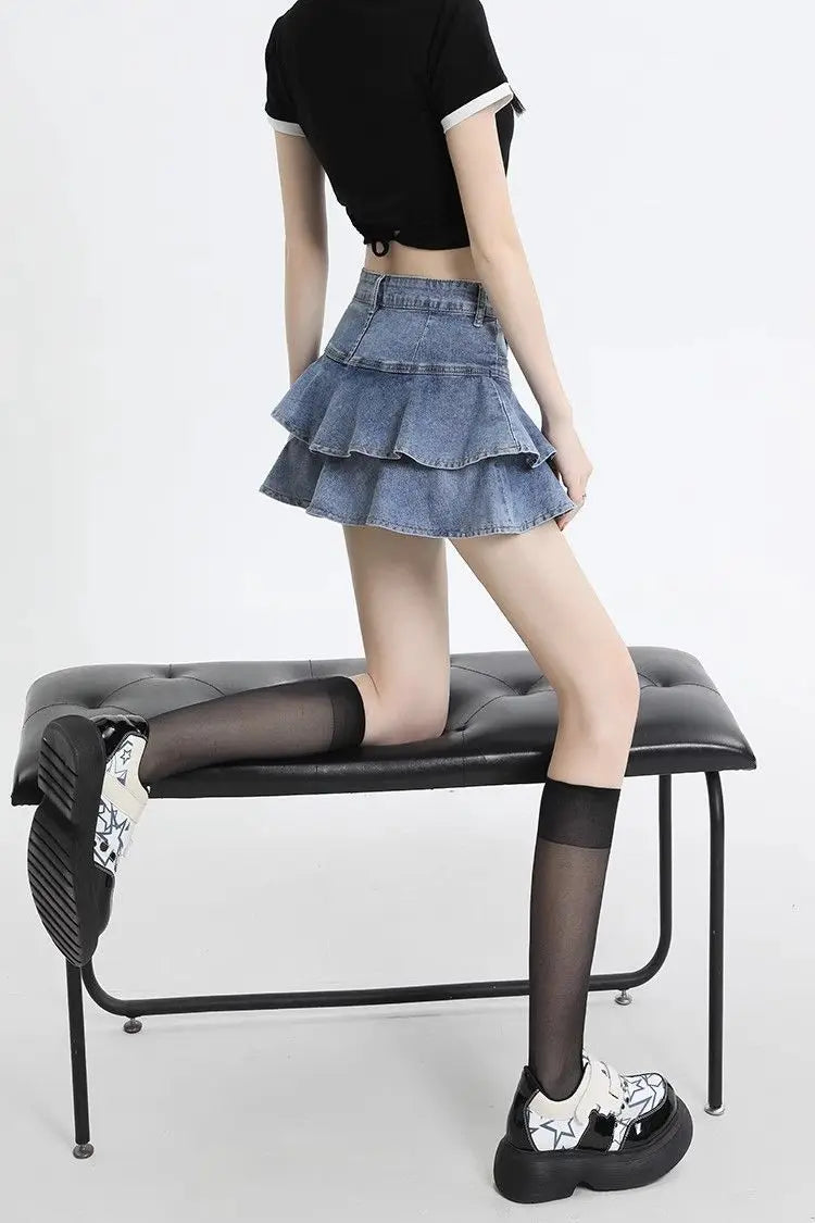 Women's Double Layer Ruffled Denim Mini Skirt With Heart Chain Decoration