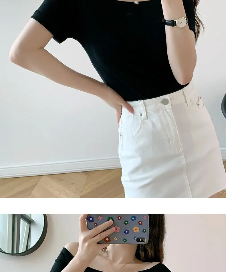MRMT 2026 Brand New Women's T Shirt Cotton Slim Fit Short Sleeve T-Shirt For Female Off Shoulder Tops One Line Neck Tshirt