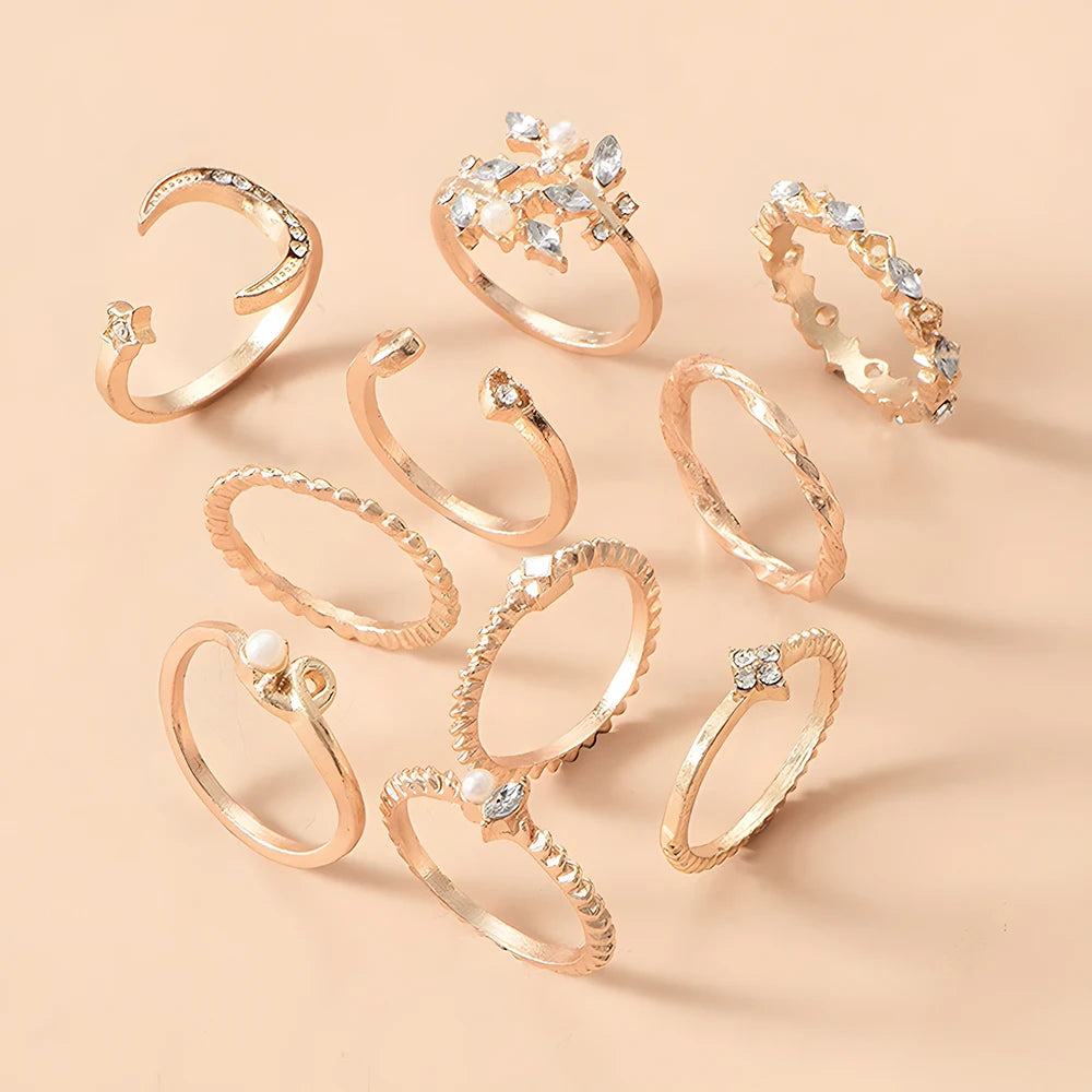 10Pcs Rings Suit For Women'S Gold-Color Chain Ring Set Bohemian Style Coin Snake Moon Star Leaves Love Trend Jewelry