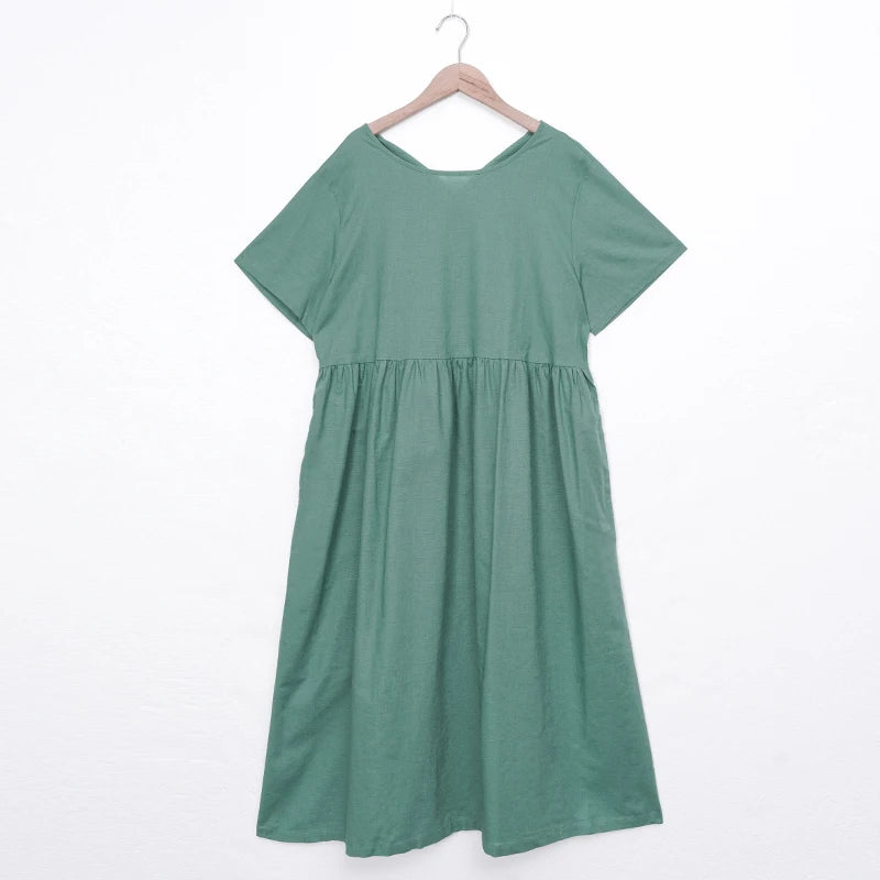 Women Cotton Linen Midi Dresses Summer Chic Female Vestidos Loose A-Line Dress Short Puffy Sleeve Casual Sundress