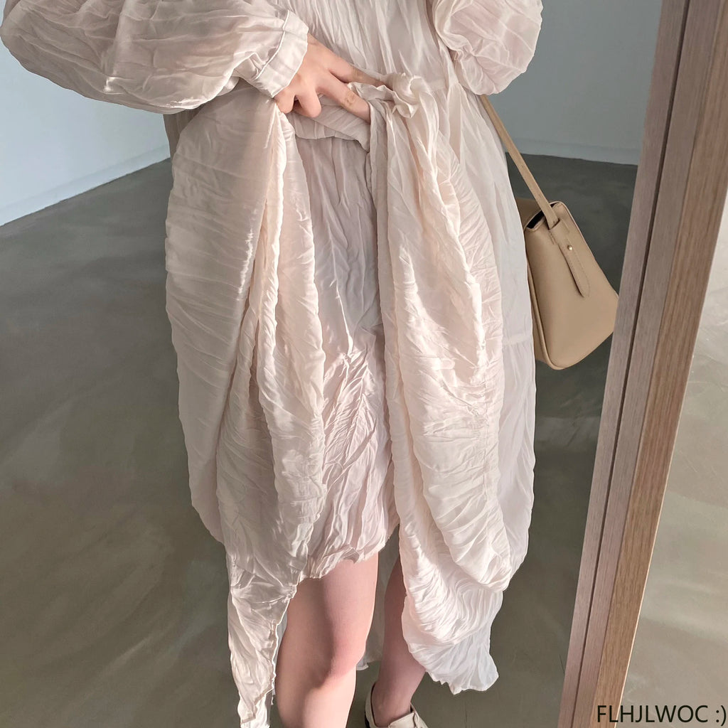 Autumn Spring Wrinkle Loose Dresses New Hot Women Cute Japan Style Retro Vintage Girls Holiday Casual Solid Apricot White Dress