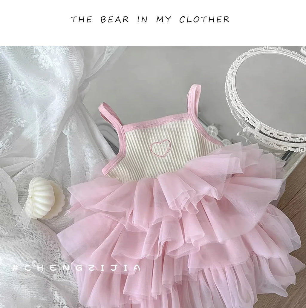 ZOETOPKID Summer Girl Princess Dress Stylish Baby Strap Vest Layered Dress Korean Puffy Mesh Skirt Toddler Kids Trendy Skirts