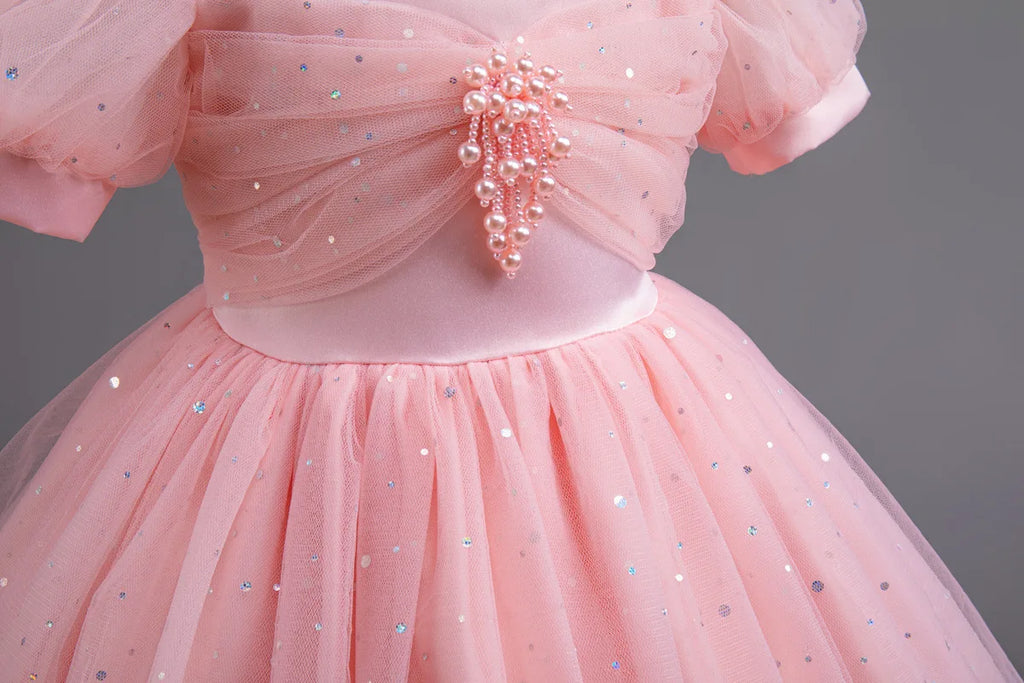HETISO Pearls Bowknot Kids Girls Dresses Summer Tulle Vintage Elegant Princess Party Gown Children's Gift