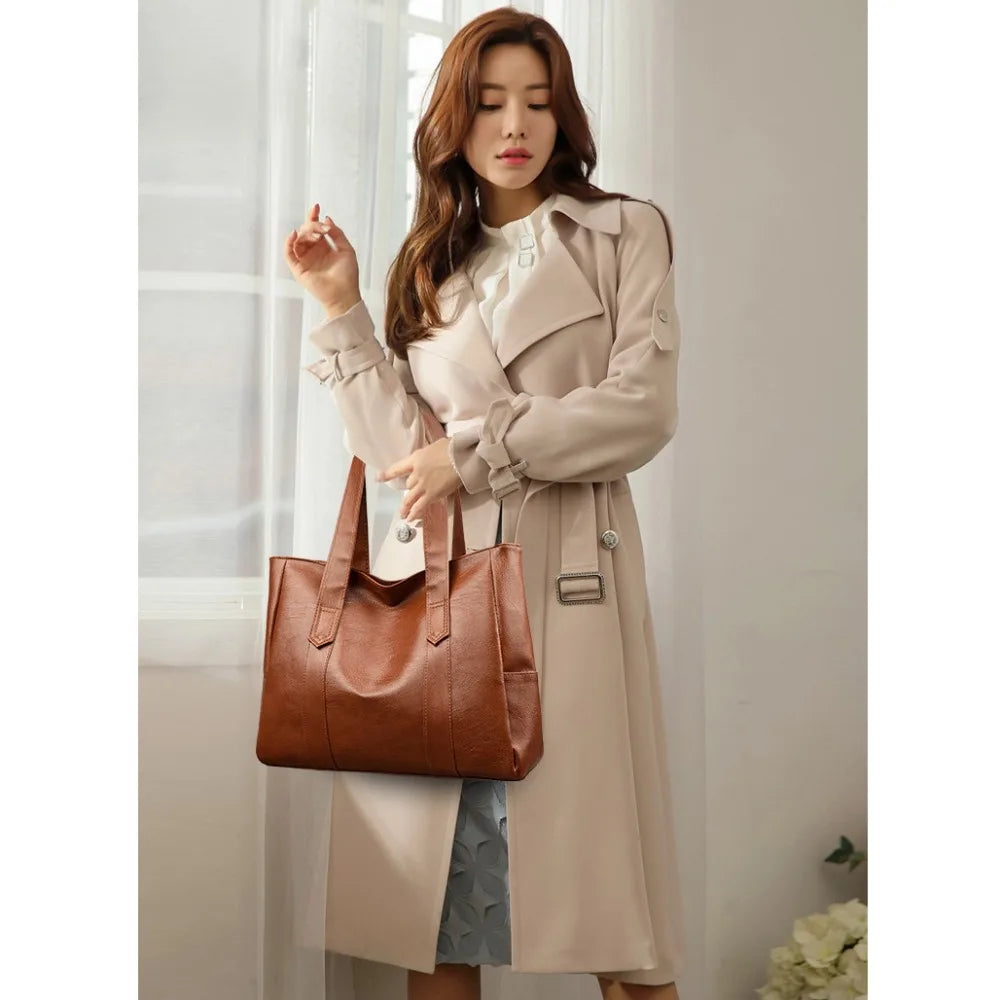 Large Capacity Vintage PU Leather Tote Bag - Casual Square Handbag