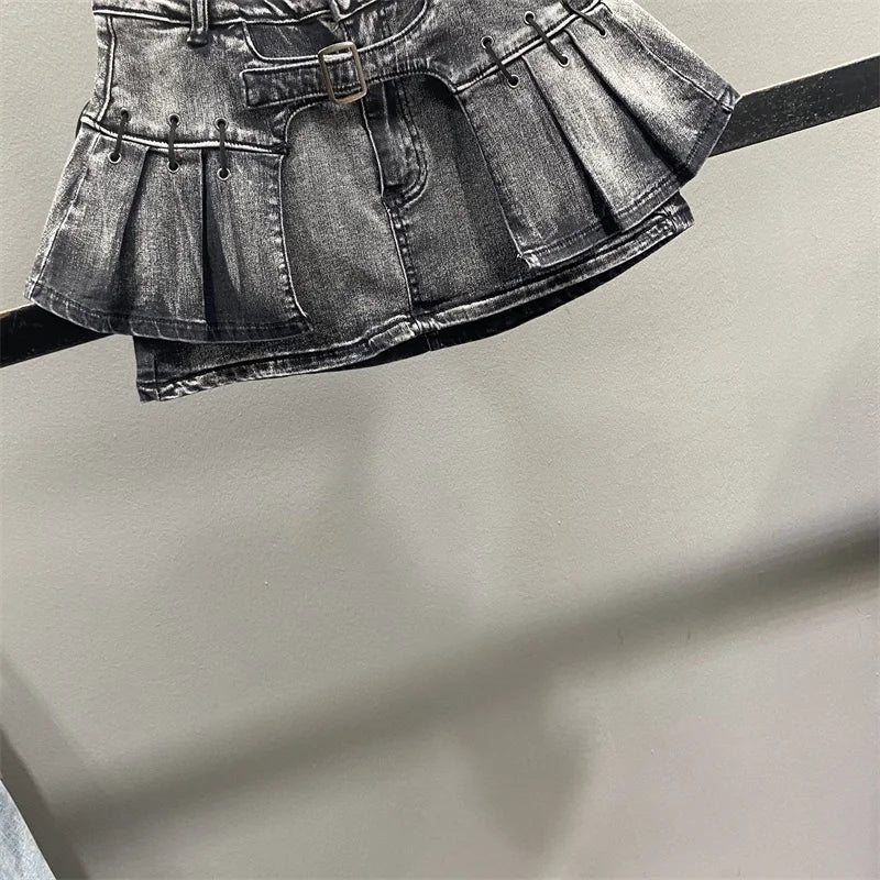 Retro American Denim  Skirt Women's Spring Summer Design Slimming Sexy A-Line Pleated Short Skirt High Waist Cotton Polye...