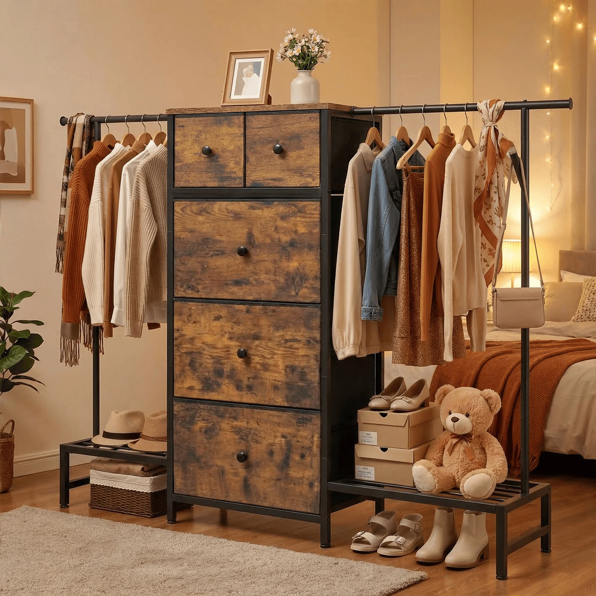 3-in-1 Dresser & Hanging Rack – 57.8" Wide with 5 Drawers & Shoe Rack, Side Hooks for Bedroom Storage and Walk-in closet